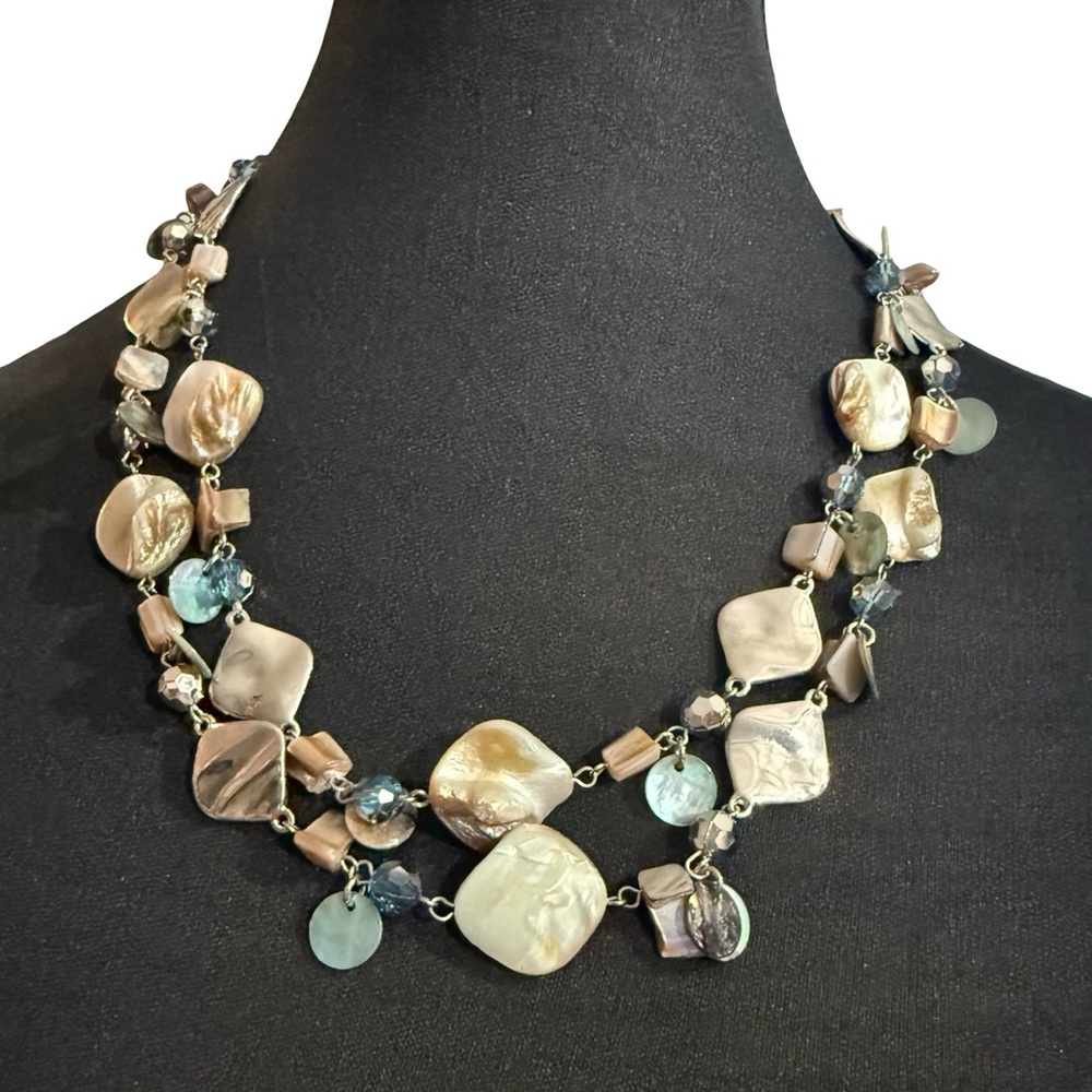 Lia Sophia Long Chain Mother of Pearl Blister Stone Necklace Glass Beads